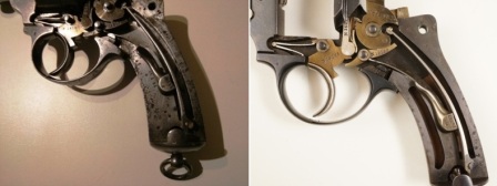 Crosse pleine pour le revolver 1873 et crosse évidée pour le revolver 1874