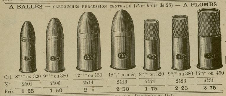 Cartouches pour revolver sur le catalogue de la Manufacture Française d'Armes de Saint-Etienne de 1890