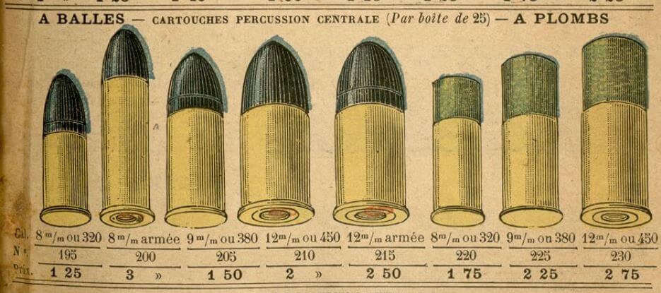 Cartouches pour revolver sur le catalogue de la Manufacture Française d'Armes de Saint-Etienne de 1895