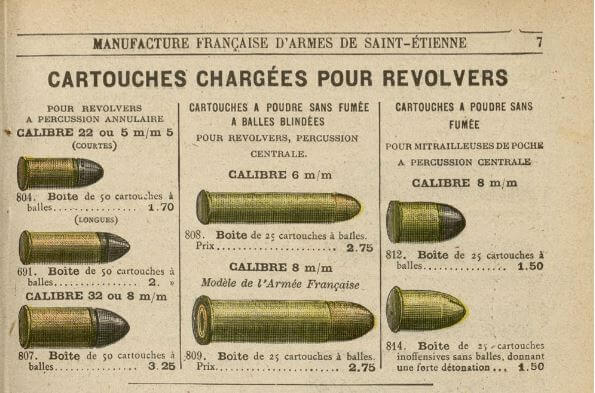Cartouches pour revolver sur le catalogue de la Manufacture Française d'Armes de Saint-Etienne de 1900