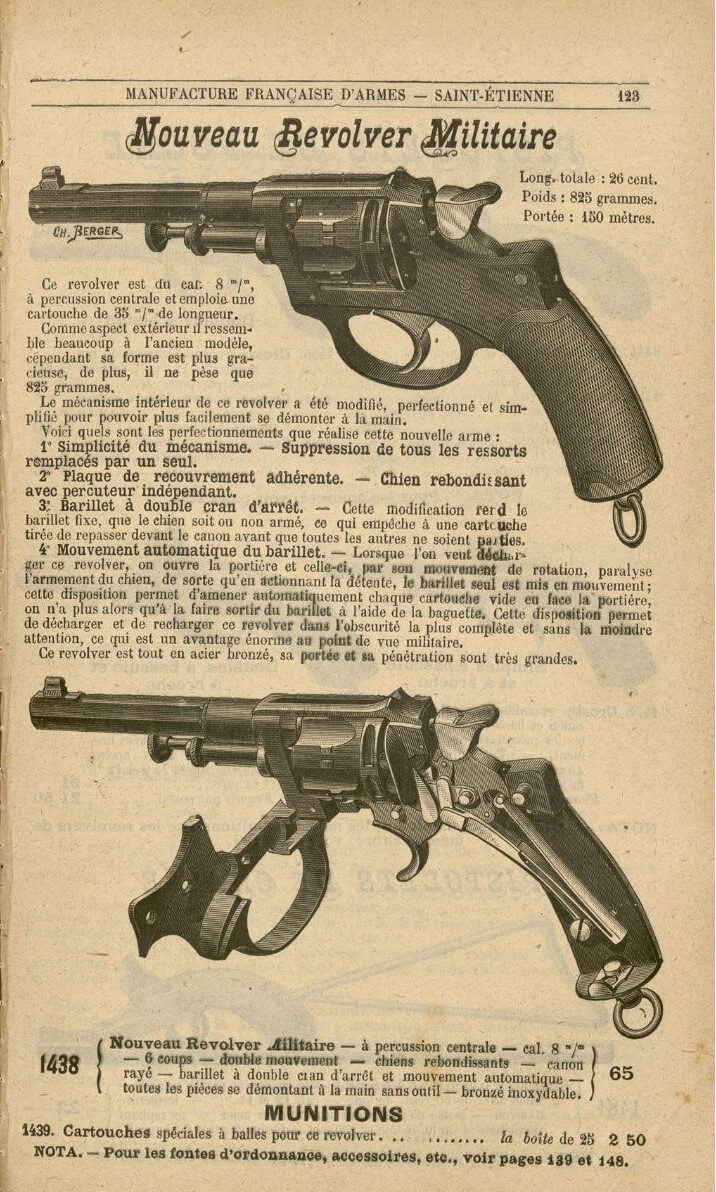 Extrait catalogue Manufacture Française d'Armes de Saint Etienne présentant, en 1890, le revolver modèle 1889/90