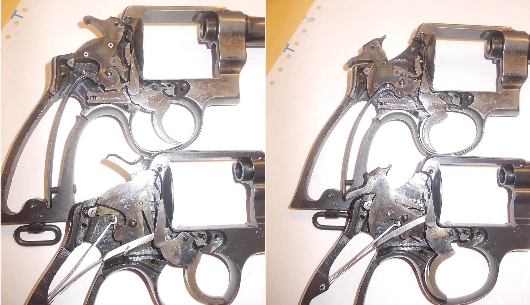 Différences entre le mécanisme d'un Smith & Wesson Military & Police (en haut) et un 92 espagnol (Trocaola Aranzabal Y Cia) (en bas)