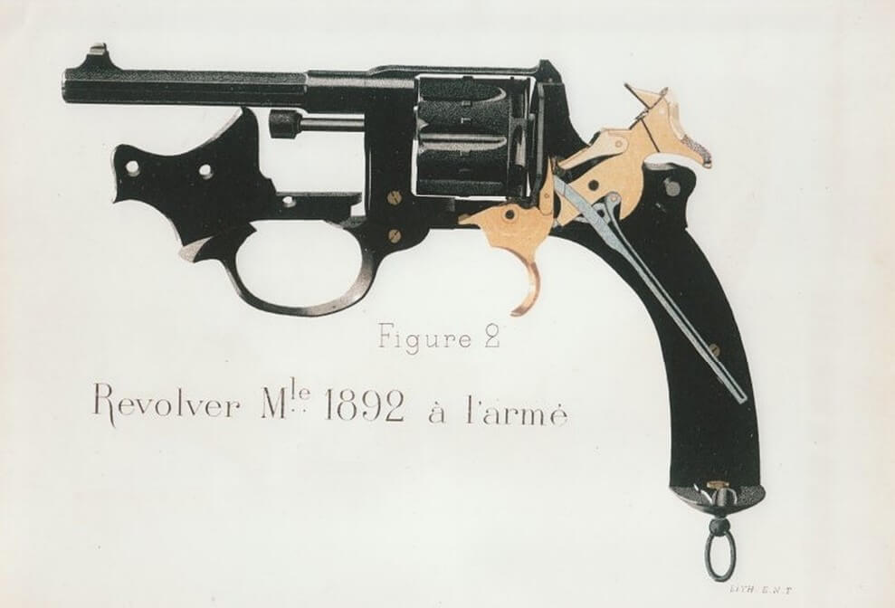 Mécanisme du revolver modèle 1892. Planche extraite du rapport sur le revolver modèle 1892, par l'Ecole Normale de Tir, du 12 Juillet 1893