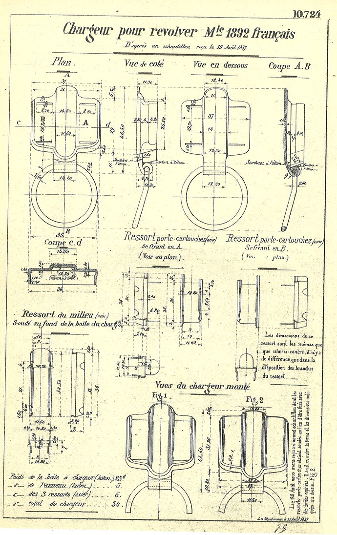 Plan d'un chargeur rapide type Prideaux, pour le revolver modèle 1892. SFM