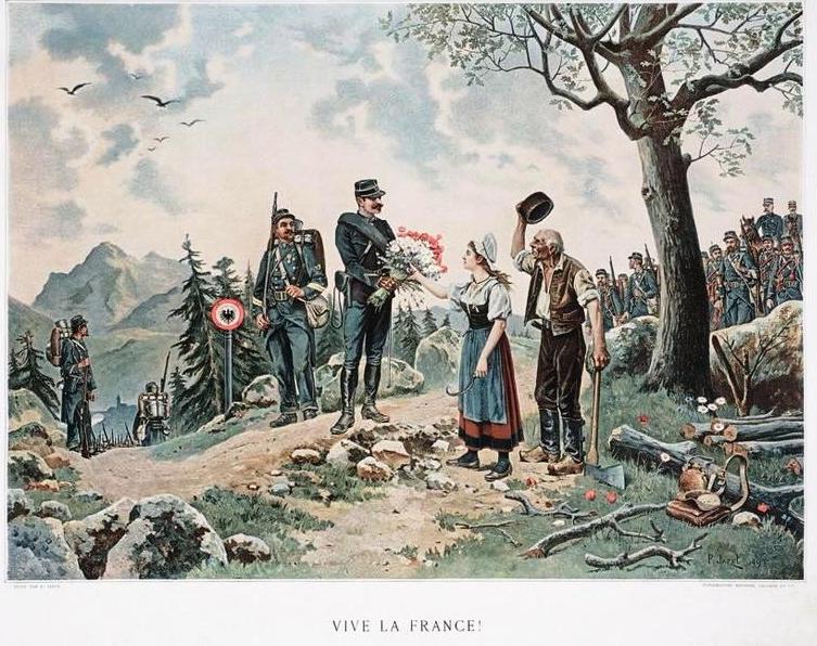 étui jambon gendarmerie, sur chromotypogravure Vive la France, de Paul Jazet. 1891