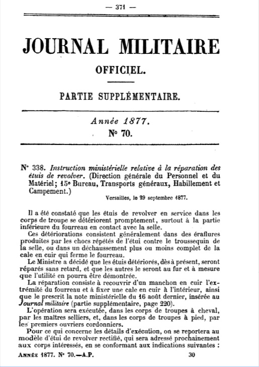 note ministérielle du 29 Septembre 1877 portant sur la réparation de l'étui jambon