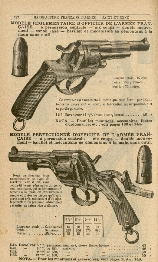 Catalogue de la Manufacture Française d'Armes de Saint Etienne (1890), présentant les revolver Fagnus Maquaire et 1873 du commerce