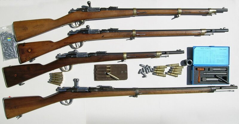 Comparaison Carabine de cavalerie, Carabine de gendarmerie, Mousqueton d'artillerie et Fusil modèle 1874 Gras