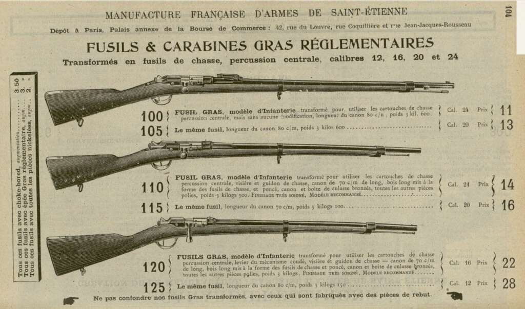 Catalogue 1900 de la Manufacture Française d'Armes de Saint Etienne, concernant les fusils Gras transformés chasse
