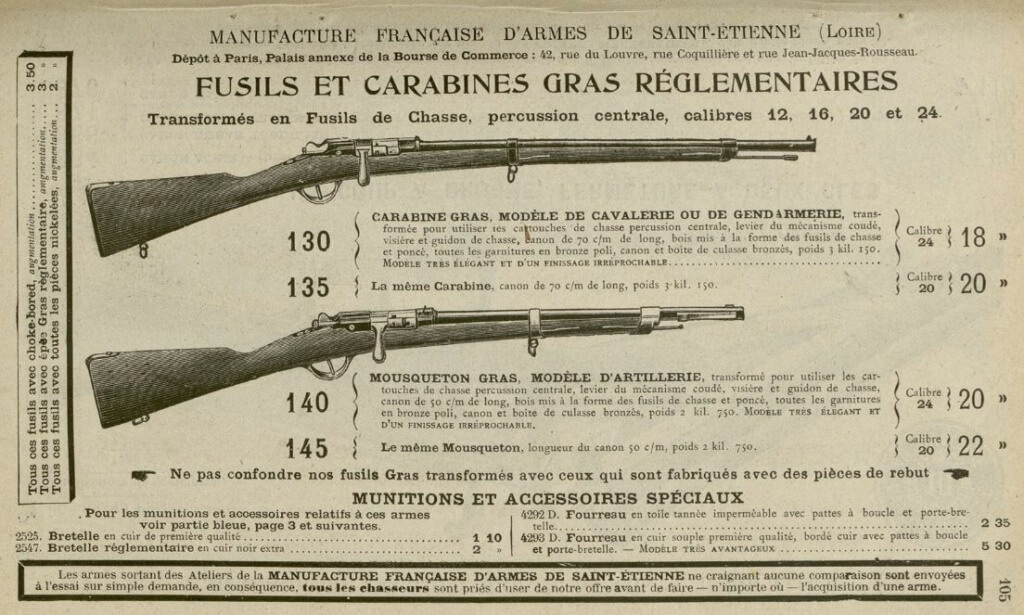 Catalogue 1900 de la Manufacture Française d'Armes de Saint Etienne, concernant les fusils Gras transformés chasse