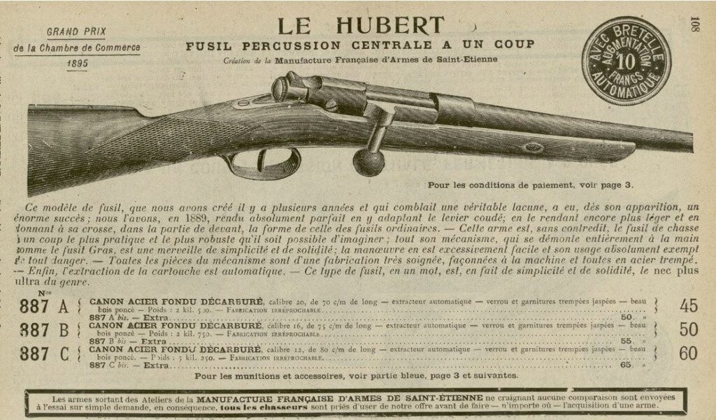 Publicité pour le fusil Le Hubert de la Manufacture Française d'Armes de Saint Etienne