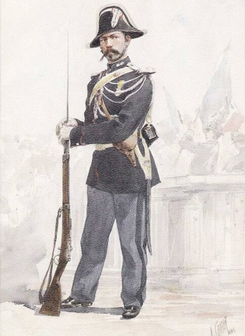 Gendarme de la 3e République, avec étui jambon contenant un revolver modèle 1873, et une carabine de gendarme à pied, modèle Gras (1874) 
