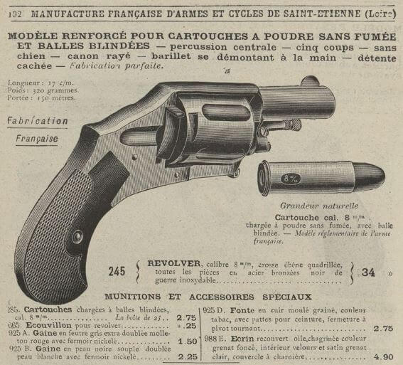 Revolver renforcé pour cartouche 8mm sur le catalogue de la Manufacture Française d'Armes et Cycles Saint Etienne de 1905