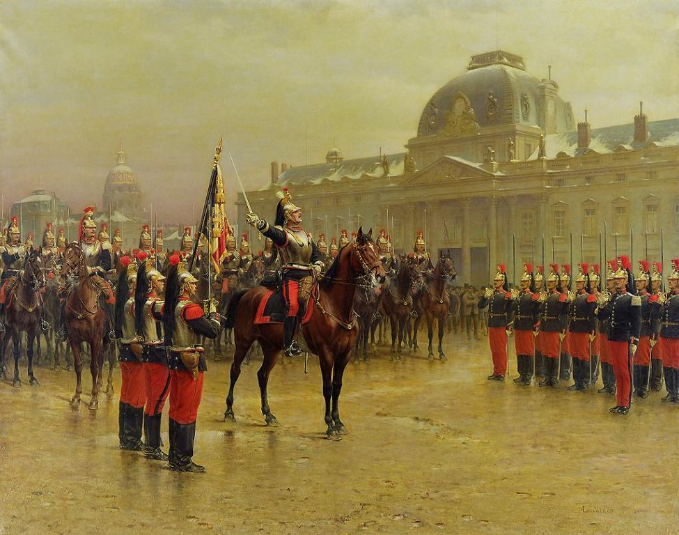Louis Auguste Loustaunau: Le colonel de la Rochethulon présentant aux recrues l'étendard du 6e régiment de cuirassiers devant l'Ecole Militaire de Paris en 1887